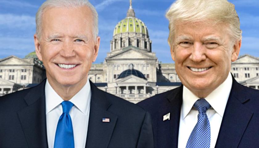 Donald Trump and President Joe Biden in front of Pennsylvania State Capitol building (composite image)
