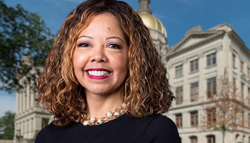 Georgia Rep. Lucy McBath in front of the Georgia State Capitol Building (composite image)