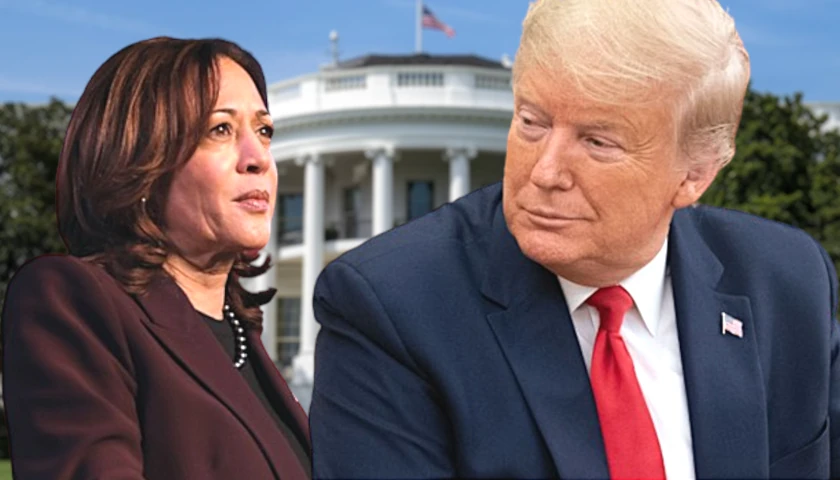 Donald Trump and Kamala Harris in front of The White House (composite image)