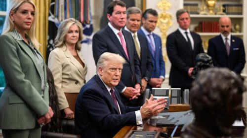 President Donald Trump speaks to members of the media after signing a Presidential Memorandum that will deploy the National Guard to Memphis, Tennessee, to establish the “Memphis Safe Task Force,” Monday, September 15, 2025, in the Oval Office.